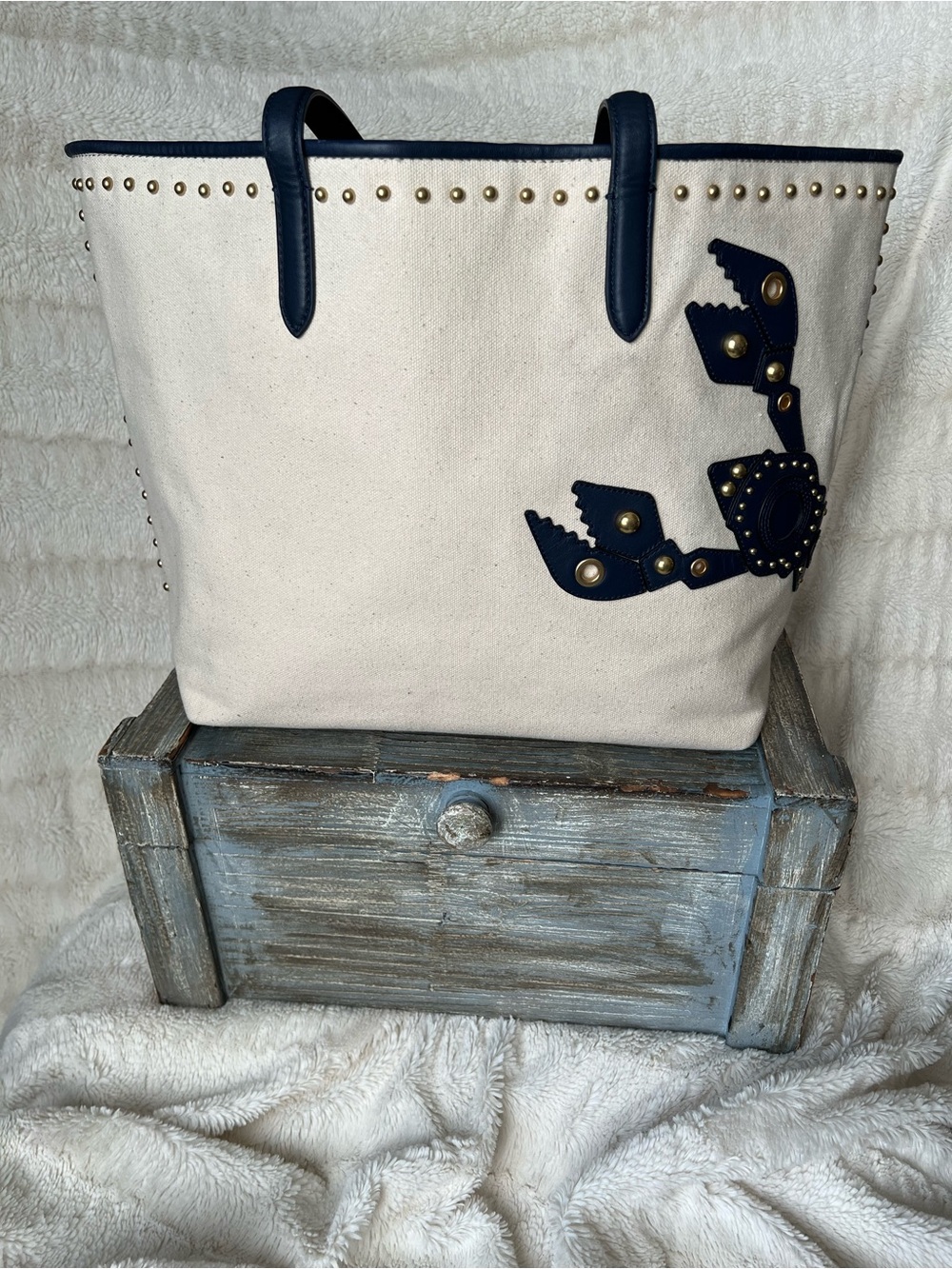 Cole Haan Cream Canvas Tote with Navy Trim and Stud Accents